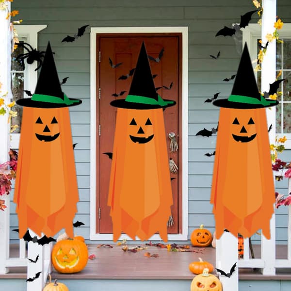 3 STK Halloween-dekorasjoner, oransje gresskar-spøkelseshatt Halloween-dekorasjon