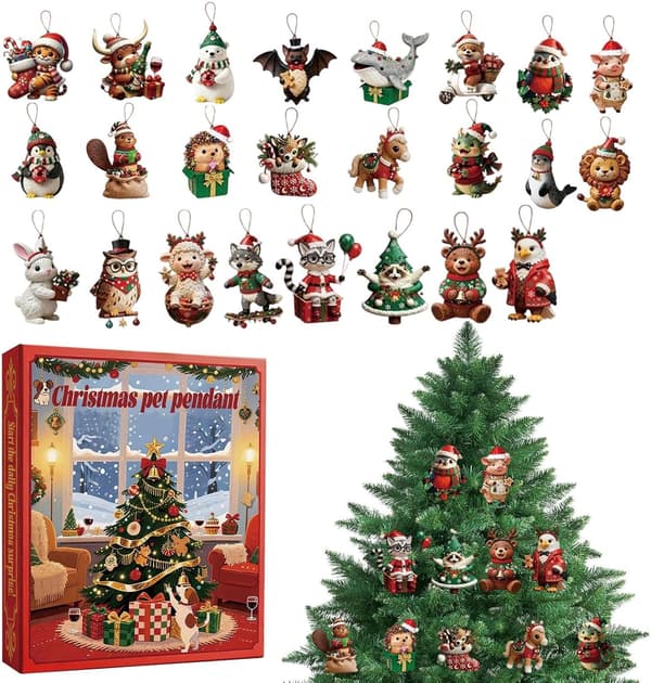 Adventskalender, Samleobjekt 24-dagers todimensjonalt anheng - Julekalender med små dyrepynt