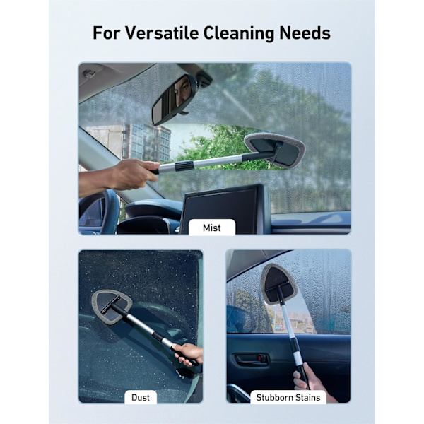 Windshield Cleaning Tool, Car Interior Detailing Cleaning Kit with Extendable Handle and 4 Reusable Microfiber Pads, Grey Grey