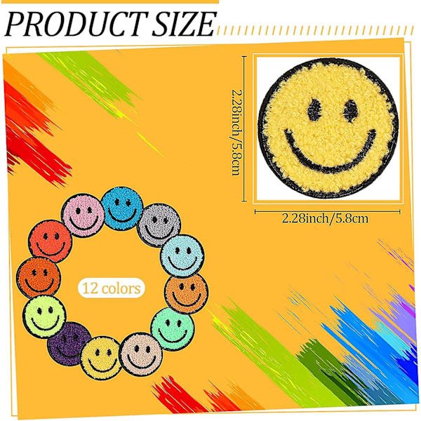12 st Smiley Face-lappar Stryk på-lappar Glada Ansikten Chenille-lappar för Kläder Klänningar Jackor Smiley-lappar för Hattar Söta Broderade{HH}
