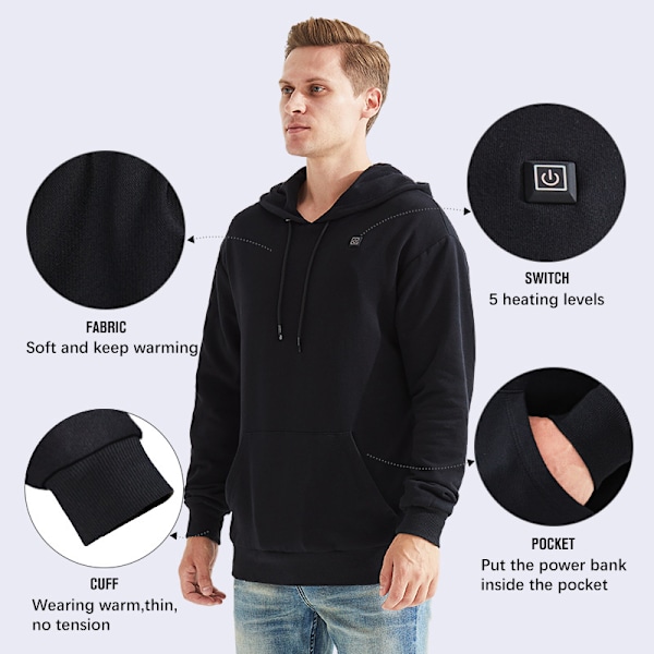 Lämmitetty huppari akulla 7.4V miehille, musta Black 3XL