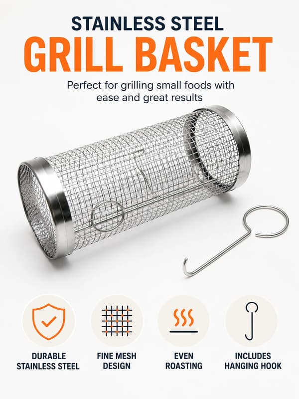 Grillkurv i rustfrit stål, Rullende grillbur med krog, 20 cm 20cm