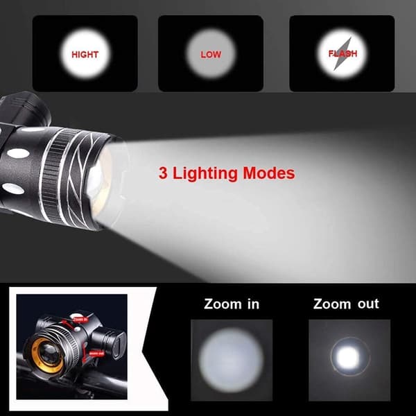Super Bright 2000 Lumen Bicycle Headlight USB Rechargeable Bike Front Light Waterproof Adjustable Focus Cycling Light for Safe Night Riding black