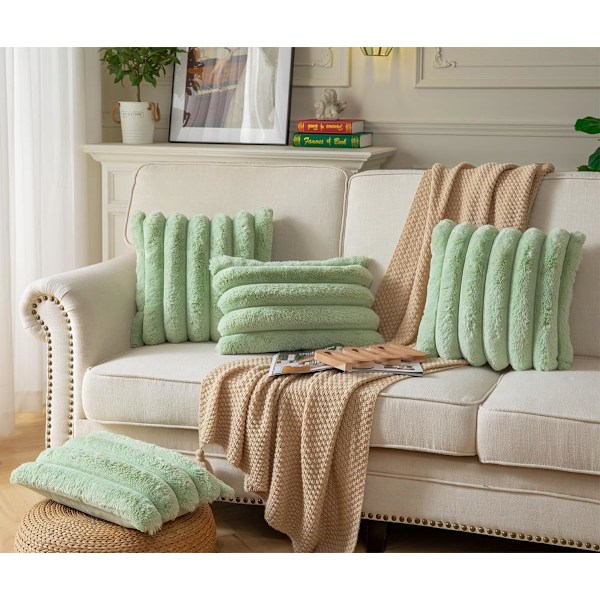 Plush Plysch Kuddfodral 16x16 Tum Set om 2 - Lyxiga Dekorativa Fuzzy Randiga Mjuka Bekväma Kuddfodral för Soffa, Soffgrupp, Vardagsrum - Grön