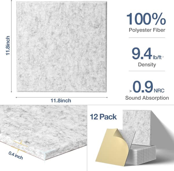 12-pack Självhäftande Akustikpaneler 30x30x1cm Högdensitet Polyester Ljudabsorption Ljudreducering Väggdekor Silvergrå