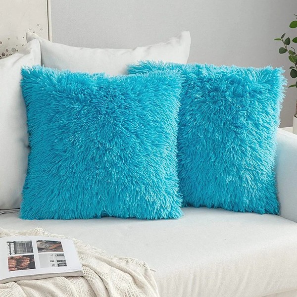 Set med 2 Ljusblå Fuskpäls Kuddfodral, 43x43CM, Supermjuka Dekorativa Prydnadskuddar för Soffa
