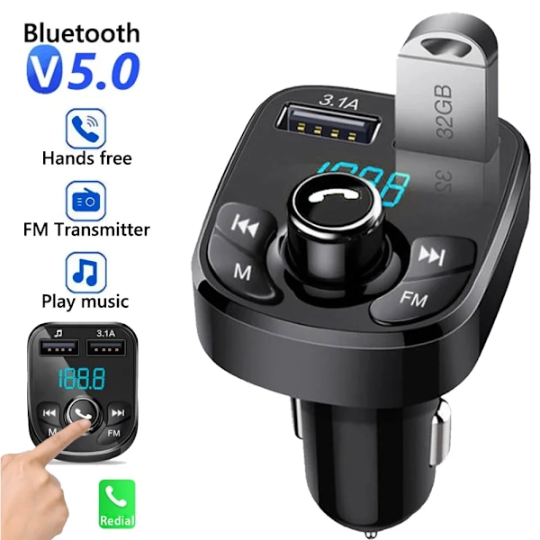 Billader FM-sender Bluetooth Audio Dobbel USB Bil MP3-spiller Autoradio Handsfree Lader 3.1A Hurtiglader Biltilbehør