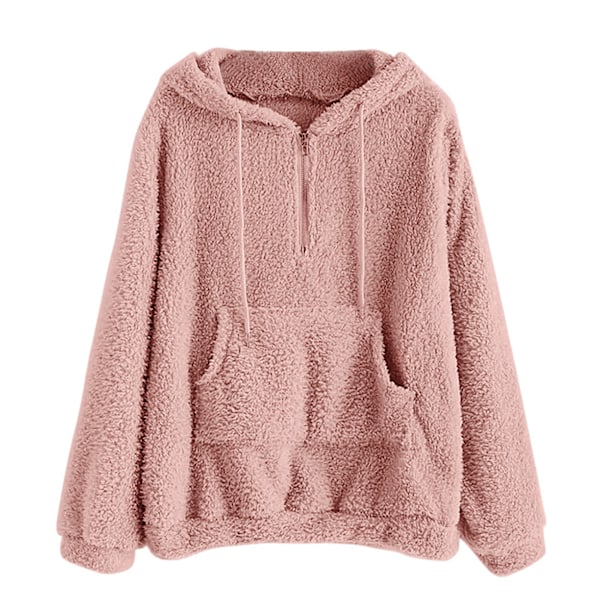 Dame Hoodie Halv Zip-Up Plysjakke Med Hætte Og Lomme Pink Pink pink pp