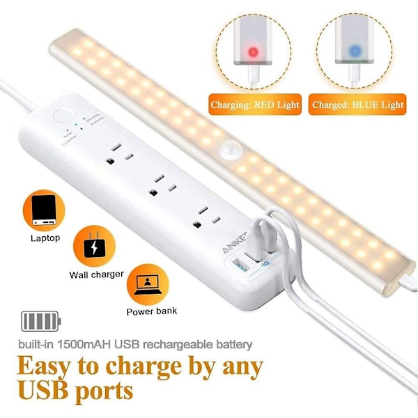 40 LED-lampor för garderob, rörelsesensor, USB-uppladdningsbar, 4 lägen, 30 cm varmt ljus