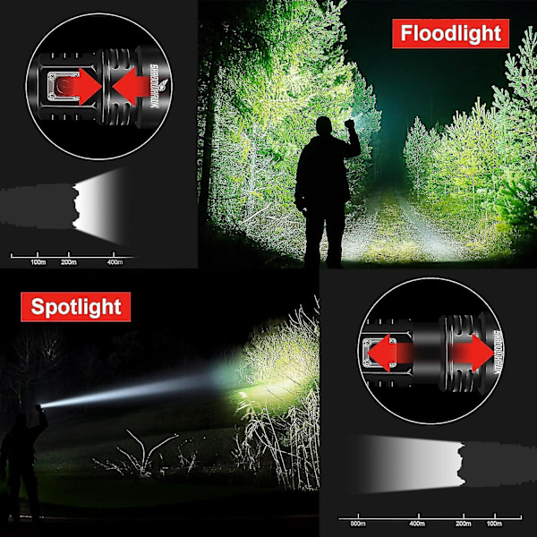 Extremt ljusstark LED-ficklampa, 10000 lumen uppladdningsbar ficklampa, Xhp70.2 taktisk ficklampa, Ip67 vattentät