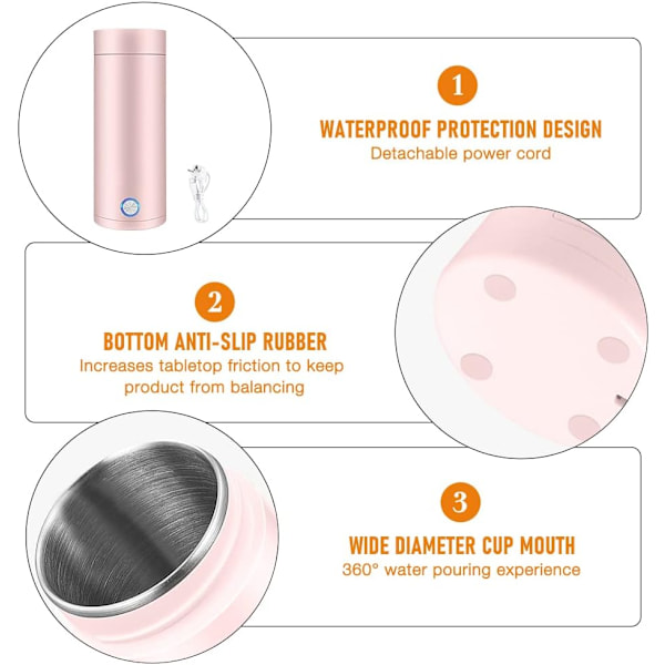 Mini-keitin ja termospullo, kannettava sähkökeitin, kannettava sähköinen matkakuumavesipullo Pink