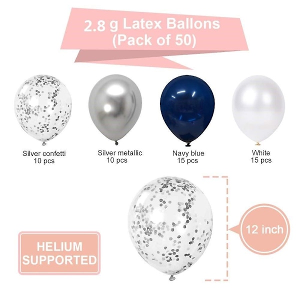 Vit Blå Silver Ballong, 60 Stycken 12 Tum Marinblå Ballong, Silver Konfetti Ballong, Vit Silver