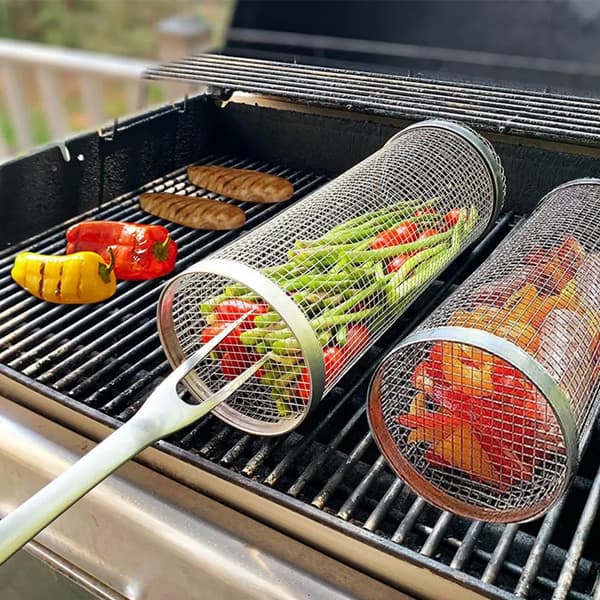 2 stk. rullende grillkurve - Bedste grillkurv nogensinde, rund grillnet i rustfrit stål