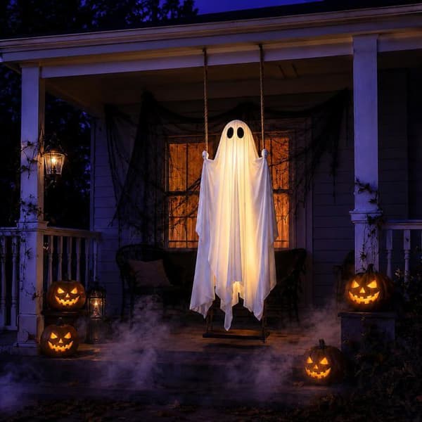 Large Halloween Hanging: Ghost on Swing (1.5 m / 5 ft), Pre-assembled (for Outdoor Use)