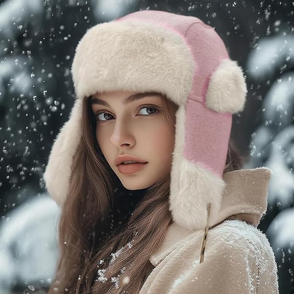 Vintermössa med öronlappar, varm rysk mössa för kvinnor, trappermössa/skidmössa för män. pink