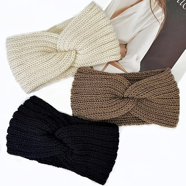 Set med 3, Vinteröronmuffar för kvinnor, en mysig pannbandsaccessoar för kallt väder, Chunky Stickad Pannbands Håraccessoar. 3 Piece Set