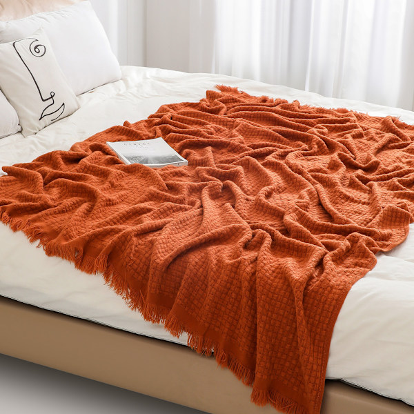 Pläd för soffa - Mjuk Boho Jul, Mysig Höst Stickad Orange Våfflad T