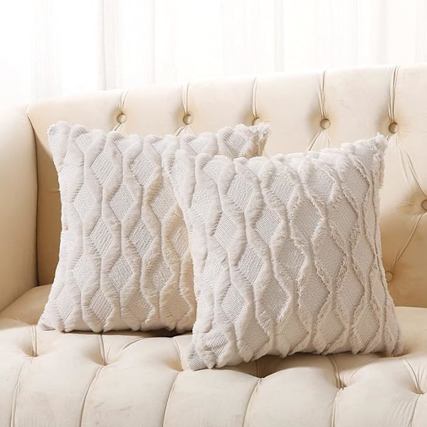 Volcanics Tekoturkisvillatyynynpäälliset, 2 kpl, 40x40 cm, koristeellinen maalaistalon samettisohvatyynynpäällinen, pehmeä muhkea neliö, beige