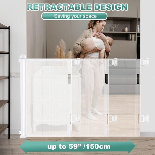 Sisäänvedettävä koira-aita lapsille - Erittäin leveät turvaportit vauvoille ja lemmikeille 86cm, ulottuu (0-150cm) (Valkoinen){hh]