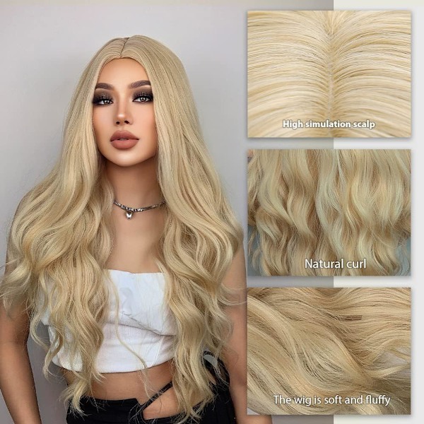 Lång blond vågig peruk för damer, 68 cm lång lockig peruk, syntetisk maskeraddräktperuk för kvinnor (blond)