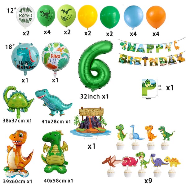 Dinosaur Folieballongsett med Bannere for Bursdagsfestdekorasjon og Stedsoppsett Number 2 Set