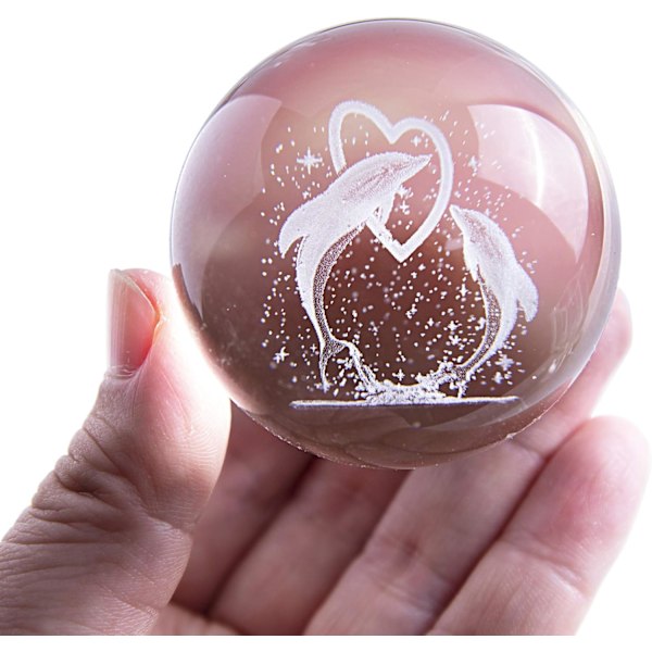 3D Dolphin Crystal Ball with Stand for Valentine's Day Gift, Birthday Gift - Double Dolphins Love Heart Ornament