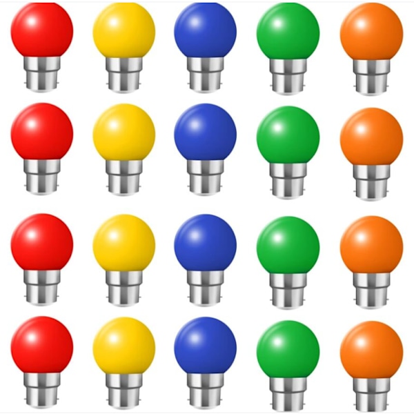 20 kpl B22 LED värillisiä lamppuja 2W Bajonettilamput Punainen, Keltainen, Oranssi, Vihreä, Sininen, Särkymätön (20W vastaava)