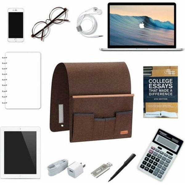 Sofa Armlæn Organizer, Armstol Opbevaringspose med 5 Lommer, Stolsbetræk til Fjernbetjening, iPad, Magasin, Briller (Brun)