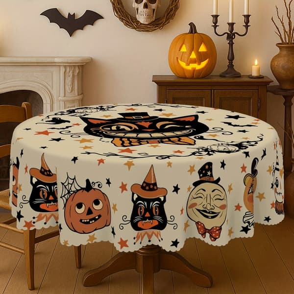 Halloween Dug Rektangulær Polyester Print Spøgelse Græskar Kat Flagermus Orange Gul Fest Spisestue Køkken Dekoration Round-70in (180cm)