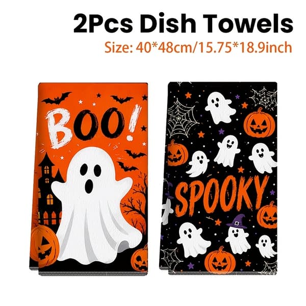 2-pack Halloween kökshanddukar med spöke- och pumpatryck, mjuka absorberande disktrasor för matlagning och bakning 2pcs