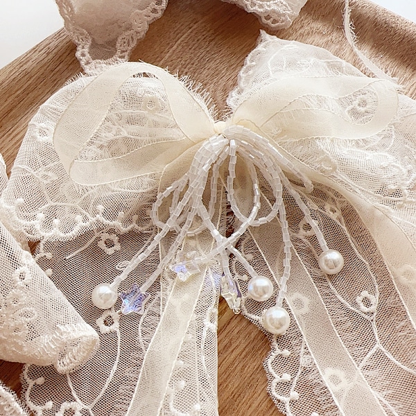 Ny retro fransk spetsrosett femstjärnig pärlförsedd tofsar söt superfe-rosett hårklämma hårprydnader huvudbonad Small flower ribbon