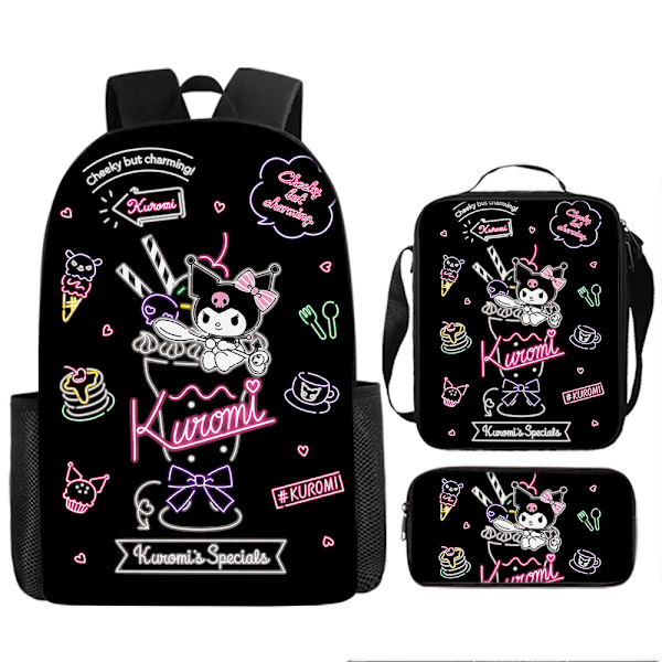 Tecknad Kuromi tredelat set Cinnamon dog KT katt tecknad grund- och gymnasieelever skolväska barnryggsäck L Three piece set