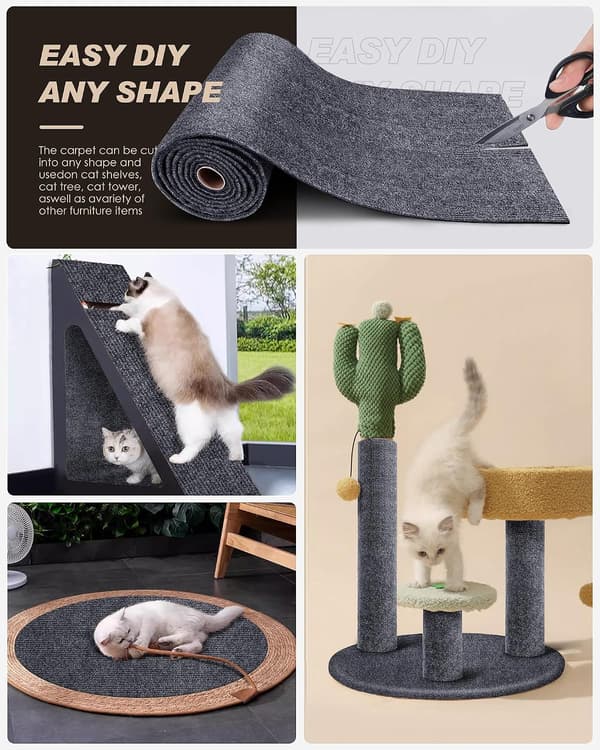 Selvklebende Klorematte for Katter 30x100 cm, Klippbar Teppebeskytter for Møbler og Vegger - DIY Erstatningsputer for Klatrestativ Mørk Grå