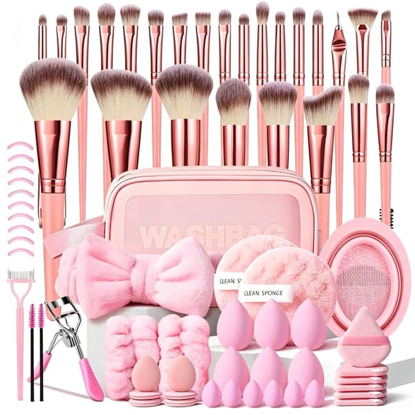 Pink 70-dele makeupsæt med børster, svamp og øjenvippebukker Black 70-piece set (eyelash curler)