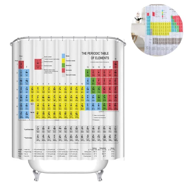 Dusjforheng med periodisk system laget av populært anti-mugg badeforheng