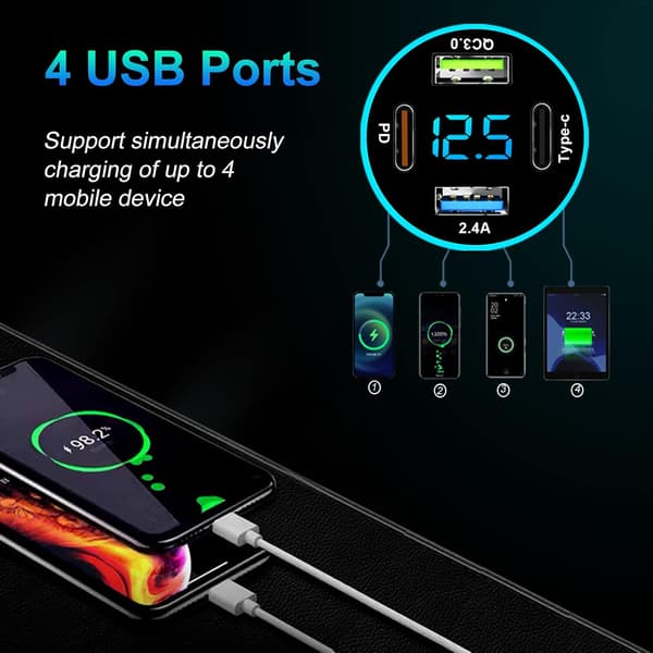 4-Port USB C Biloplader 53W PD QC3.0 Hurtig Opladningsadapter med LED Voltmeter til iPhone Android Samsung Tablet og Alle Enheder
