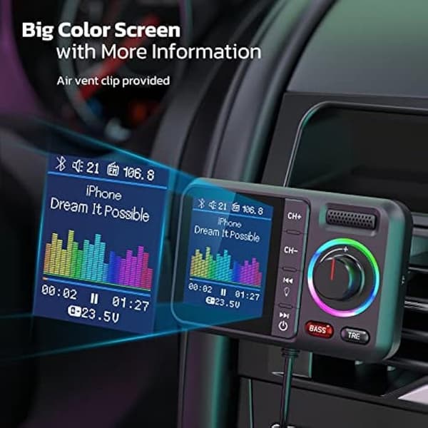 Bluetooth Bil FM-senderadapter V5.0 - Trådløs lydadapter med stort display - Håndfri opkald USB-oplader til bilradio