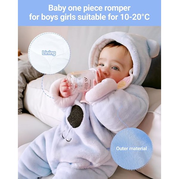 Baby Hooded Rompers Flannel Vintertøj Footed Rompers Langærmede Jumpsuits til 0-12 Måneder Blå Blue 0-3 months