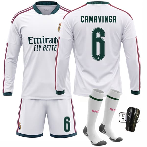 Real Madrid Hjemmebanetrøje Sæt 7 Vinicius Ronaldo 10 Mbappe Efterår Vinter Langærmet Fodboldtrøje Size 8 with socks + protective gear #M
