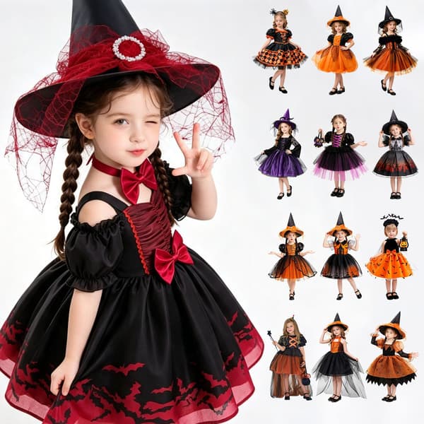 Blomstret Halloween Cosplay Kjole til Piger - Prinsessekostume til Feriefester WS085 - Orange - with Hat 140cm/7Y