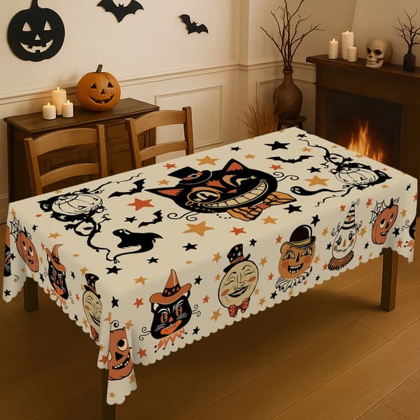 Halloween Dug Med Spøgelser Græskar Sorte Katte Og Flagermus - Rektangulær Polyester Borddug Til Køkken Spisestue Fest Indretning Orange Gul Rectangle-60×120in（152×305cm）