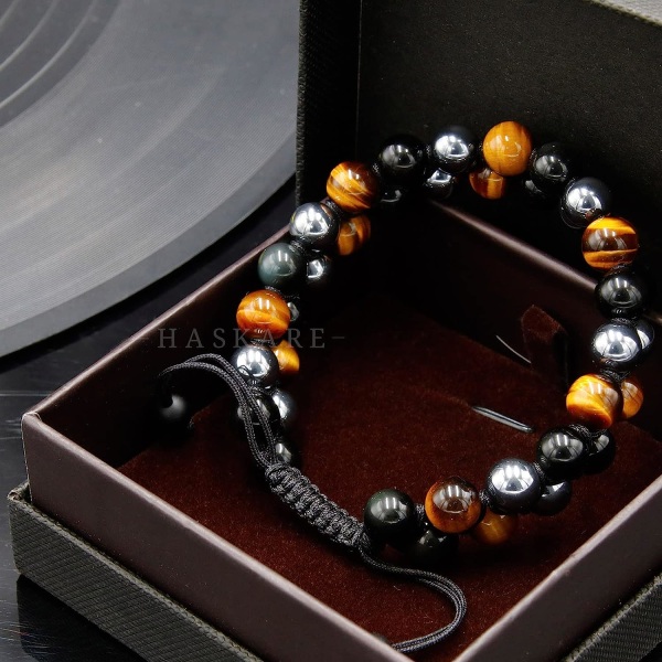 Trippelskyddsarmband, äkta Tigers Eye Black Obsidian och Hematite 8mm Beads Armband