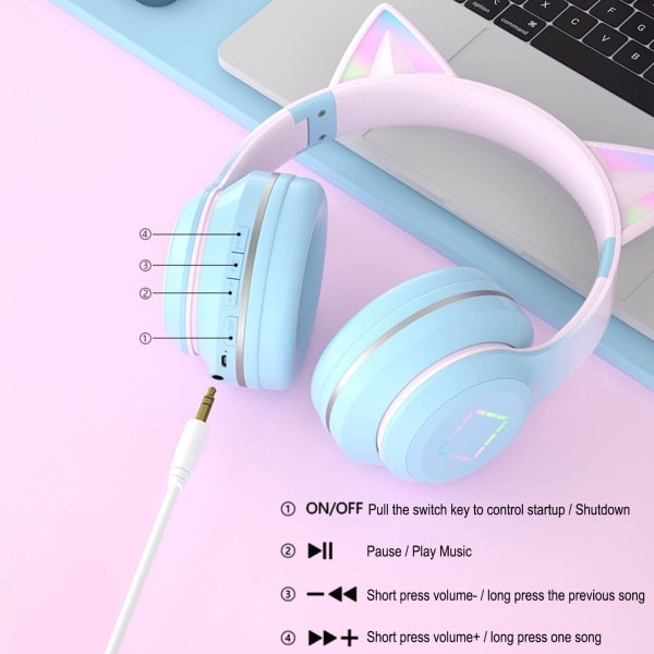 Trådlösa Bluetooth-hörlurar för barn med kattöron, RGB-belysning, hopfällbara, med mikrofon och volymkontroll för flickor pink
