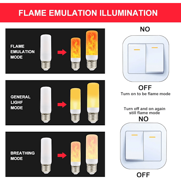 Flammepære | Lyspærer med flammeeffekt | Flimrende lyspære, 4 lysmoduser LED E27