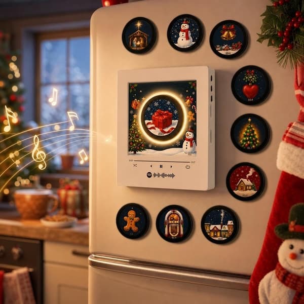 Jule-vinylspiller kjøleskapsmagnet med 9 NFC-plater, LED-lys, retromusikkdekor SNOWMAN