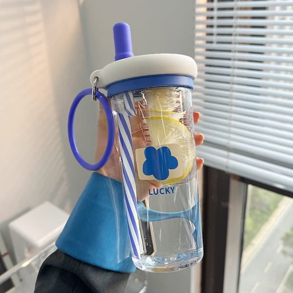Blå Vattenflaska Med Sugrör Och Filter Portabel 800ML För Sommar- Och Vinterdrycker Perfekt Resetillbehör