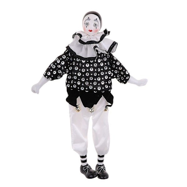 38 cm porslinsclowndocka klädd i vit och svart outfit, rolig harlekindocka, cirkusproffs