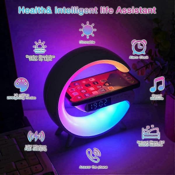 Smart Bordlampe, Trådløs Oplader Stemningslampe, G-formet LED Trådløs Bordlampe Bluetooth Højttaler, Di