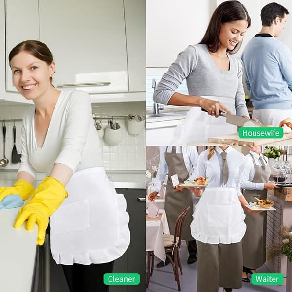 Justerbart midjeförkläde för kök för kvinnor och män med ficka Halv haklapp Vit 2-pack