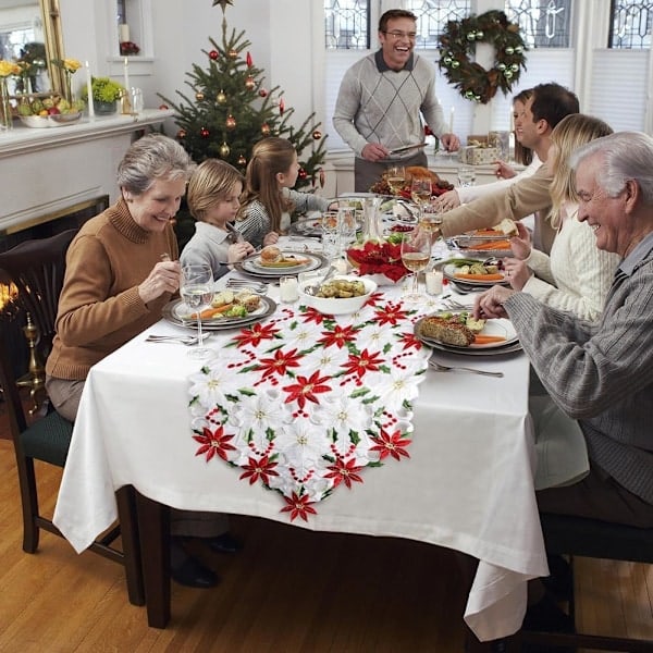 Broderede julebordmåtter med julestjerne og mistelten, linned til juledekorationer 36,8 cm x 175,3 cm
